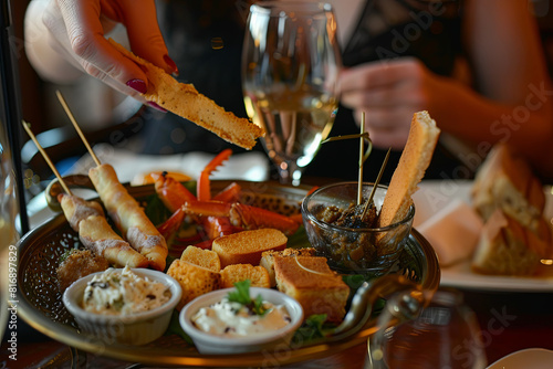 A woman selects a cricket breadstick from an elegant appetizer set  appreciating the combination of taste and lightness