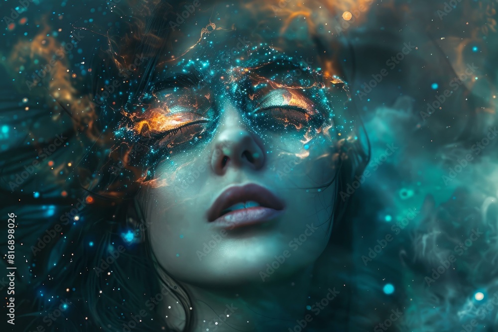 Artistic portrait of a woman with glowing, starry makeup in a mystical blue ambiance