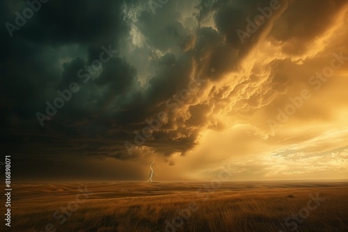 A dramatic shot of a thunderstorm over a vast, open prairie, with lightning striking