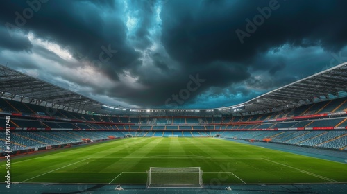 Empty football stadium with a dramatic cloudy sky for sports themed designs