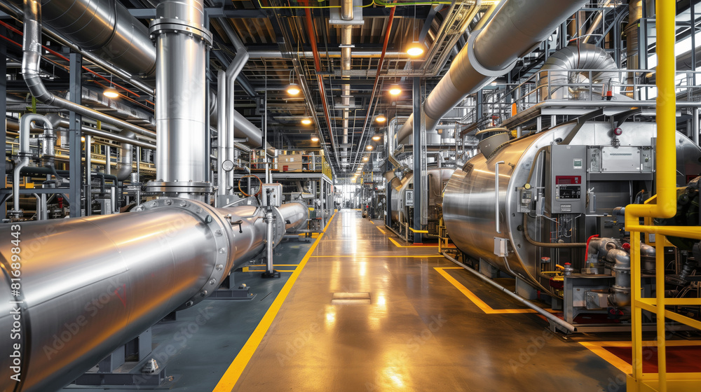 Modern industrial plant interior featuring large metal pipes, tanks, and machinery. Clean and organized with bright lighting, showcasing advanced manufacturing equipment. Modern industrial plant interior featuring large metal pipes, tanks, and machinery. Clean and organized with bright lighting, showcasing advanced manufacturing equipment.