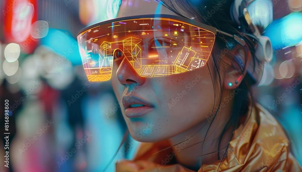 A user wearing augmented reality glasses, interacting with virtual objects that overlay a bustling city street scene, Close up A user wearing augmented reality glasses, interacting with virtual objects that overlay a bustling city street scene, Close up