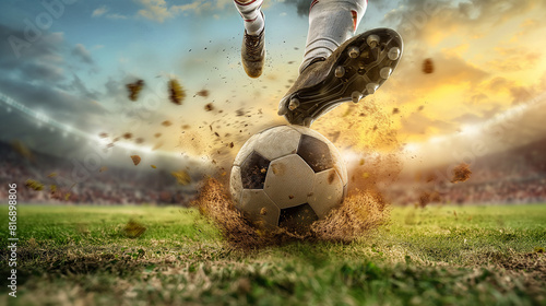 Muddy soccer ball on field with players boots in action. Close-up of soccer play in mud, football ball and cleats dirty. photo