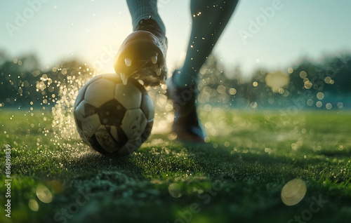 Muddy soccer ball on field with players boots in action. Close-up of soccer play in mud, football ball and cleats dirty. photo