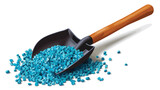 Gardening shovel with blue granular fertilizer isolat