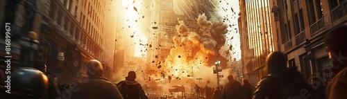 An intense streetlevel view as a missile crashes into a skyscraper behind a crowd of fleeing people, highlighting the urgency and fear, Close up photo