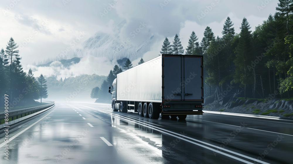 A large truck driving on a wet, misty road through a scenic mountainous forest. The landscape features lush green trees and fog-covered mountains in the background.