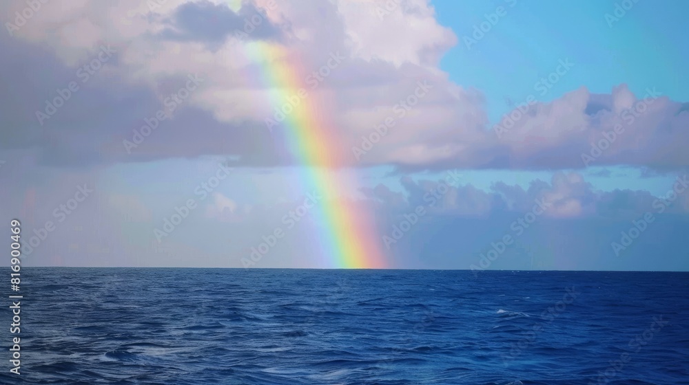 Vibrant rainbow spanning the sky above calm sea with soft clouds, representing peace and tranquility