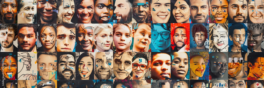 A collage of diverse faces with artistic digital overlays, portraying a vibrant array of expressions and decorations.