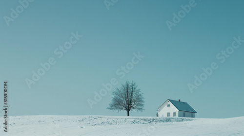 Snowy Winter Scene with Cozy House and Leafless Tree