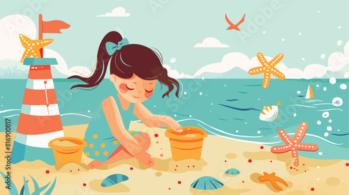 Girl play with sand on summer beach style vector