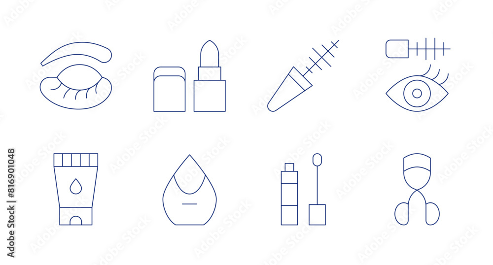 Cosmetics icons. Editable stroke. Containing moisturizer, eyelashes, lipstick, sponge, concealer, mascara, eyelashcurler.