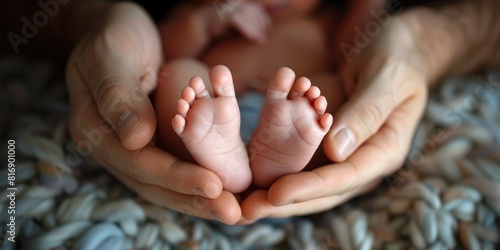 A closeup of a babys tiny feet held gently in a parents hands