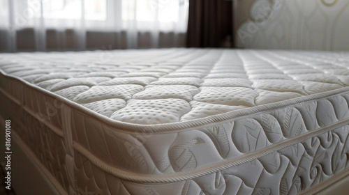 Close-up of a luxurious, quilted mattress with intricate patterns set in a well-lit bedroom. The focus is on the texture and details of the fabric.