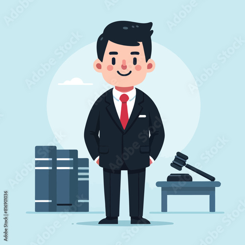 Cartoon of a prosecutor standing in a formal black suit with white shirt and red tie
