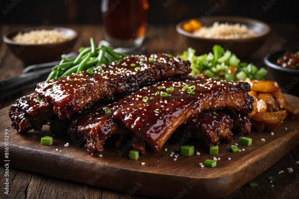 Glazed Pork Ribs, A close-up shot of succulent, sticky glazed pork ribs with a rich, caramelized coating, garnished with sesame seeds and green onions Glazed Pork Ribs, A close-up shot of succulent, sticky glazed pork ribs with a rich, caramelized coating, garnished with sesame seeds and green onions