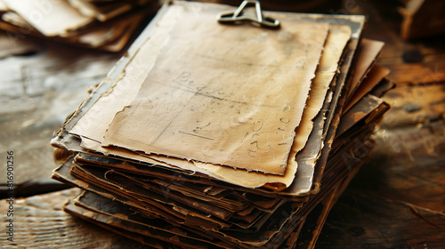 Stack of aged, weathered papers with handwritten notes, held together by a clip, placed on an old wooden surface, evoking a sense of history and nostalgia.