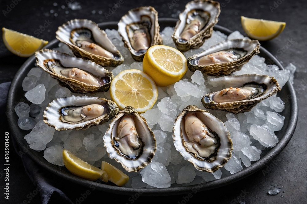 Oysters on the Half Shell, A dozen fresh oysters on the half shell, served on a bed of crushed ice with lemon wedges and mignonette sauce Oysters on the Half Shell, A dozen fresh oysters on the half shell, served on a bed of crushed ice with lemon wedges and mignonette sauce