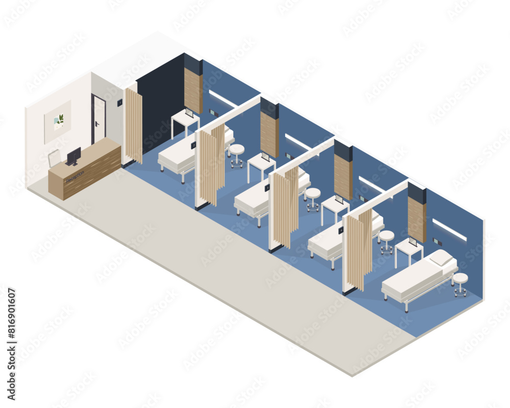 Vector isometric low poly minimalistic medical clinic interior with various furniture. Modern vector illustration. Shared hospital room and reception desk.