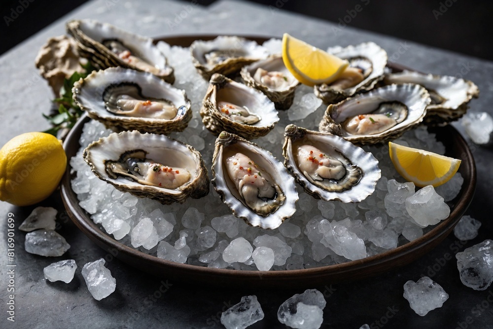Oysters on the Half Shell, A dozen fresh oysters on the half shell, served on a bed of crushed ice with lemon wedges and mignonette sauce Oysters on the Half Shell, A dozen fresh oysters on the half shell, served on a bed of crushed ice with lemon wedges and mignonette sauce
