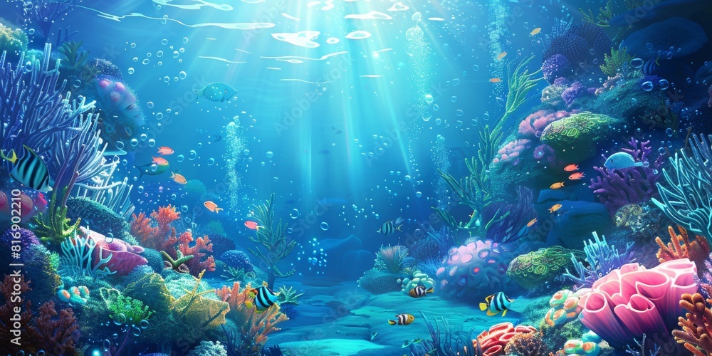 Vibrant coral reef bustling with marine life, illuminated by sunbeams filtering through the ocean surface Vibrant coral reef bustling with marine life, illuminated by sunbeams filtering through the ocean surface