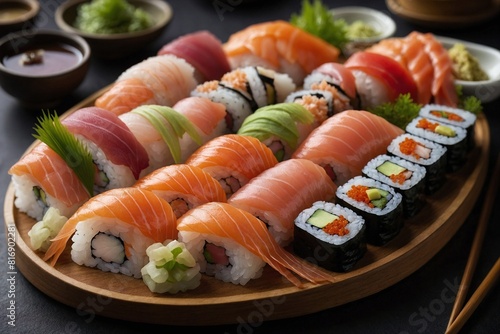 Sushi Platter, A beautifully arranged sushi platter featuring various types of fresh fish nigiri and sashimi, garnished with pickled ginger and wasabi
