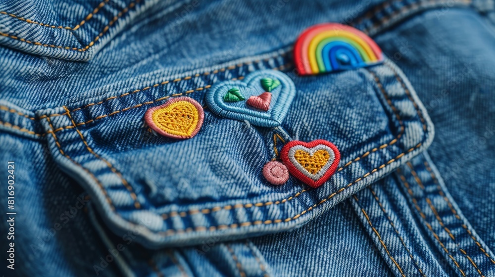 A denim jacket pocket with three rainbow badges of different shapes attached, LGBT symbols A denim jacket pocket with three rainbow badges of different shapes attached, LGBT symbols