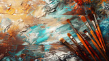 A colorful abstract painting with vibrant brush strokes and a variety of paintbrushes placed at the right side.