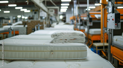 Image of mattresses and folded bedding in a brightly lit, organized mattress factory, showing the production line and manufacturing equipment in the background. © Natalia