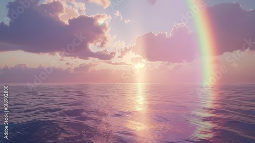 Tranquil rainbow over the calm blue sea with gentle clouds, symbolizing peace and serenity