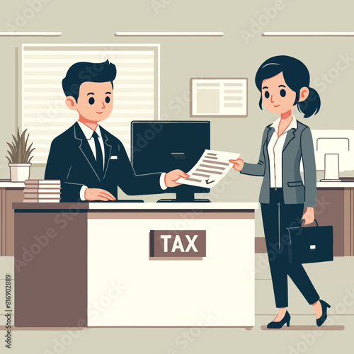 illustration of a business woman paying taxes at the tax office