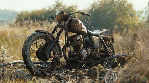 An old, rusted motorcycle abandoned in a grassy field. The vintage bike's weathered condition contrasts with the natural outdoor setting, creating a sense of neglect and decay. © Natalia