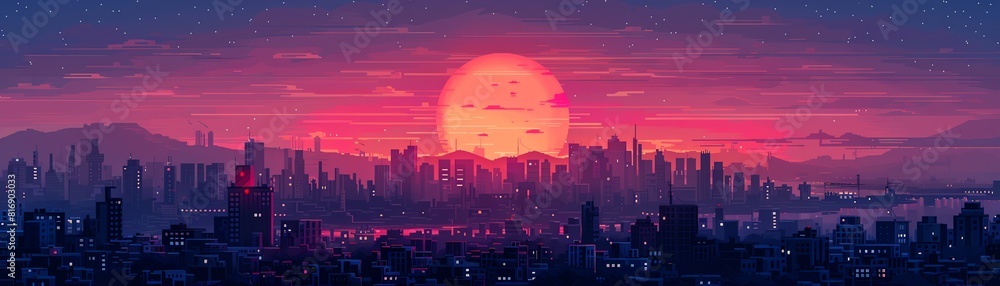 A beautiful sunset over a city. The sky is a gradient of orange, pink, and purple. The sun is a bright yellow orb. The city is a silhouette of buildings.