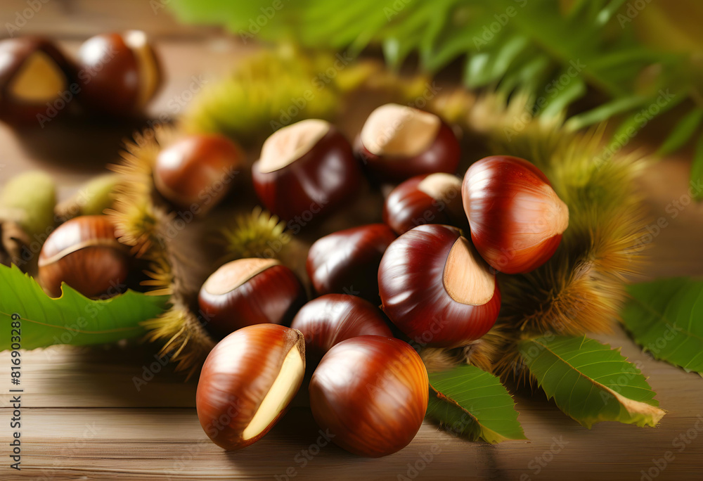 A close-up of fresh chestnuts on a wooden table with a thorny branch A close-up of fresh chestnuts on a wooden table with a thorny branch