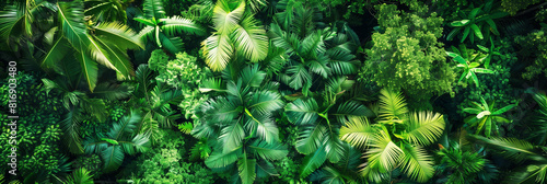Aerial view of dense tropical rainforest with lush green foliage and various plant species. photo