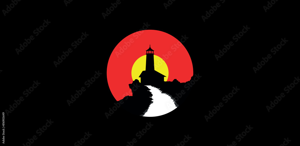 vector landscape with silhouette of road to lighthouse vector landscape with silhouette of road to lighthouse