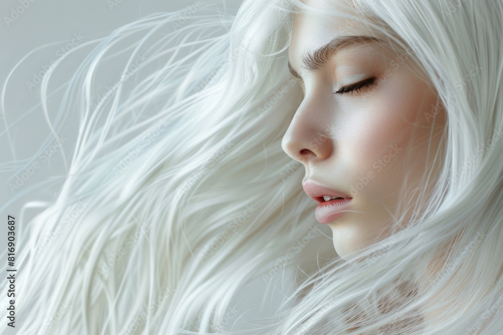A side profile close up shot of a beautiful woman with white hair on a white background A side profile close up shot of a beautiful woman with white hair on a white background