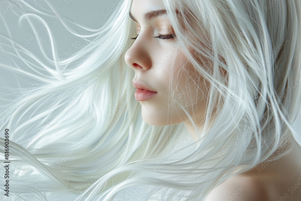 A side profile close up shot of a beautiful woman with white hair on a white background A side profile close up shot of a beautiful woman with white hair on a white background