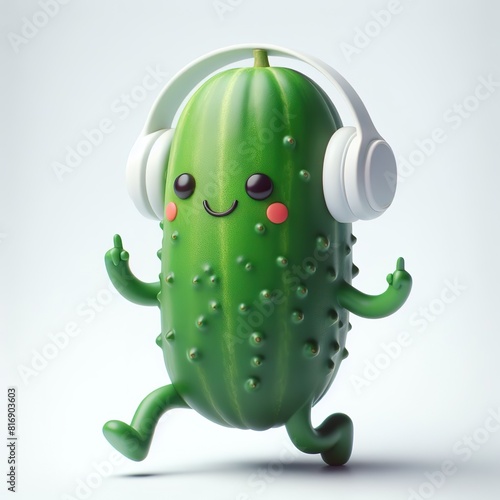 cute 3D funny cartoon Cucumber with small wireless headphone on head smiling and dancing, white background photo