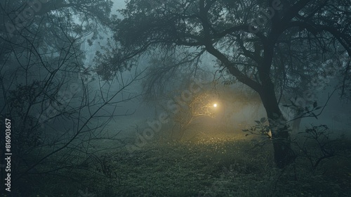 Foggy forest path at night for horror or fantasy themed designs