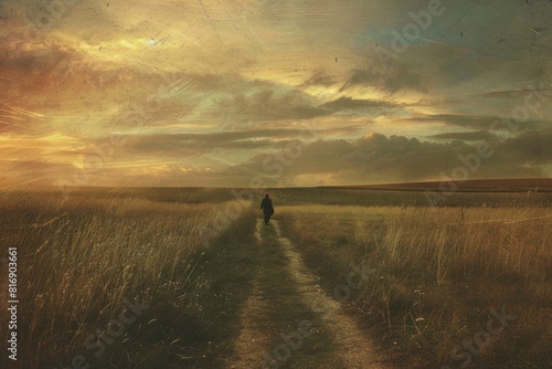 Lone figure walks down a serene country trail as the sunset casts a warm glow over the fields © anatolir