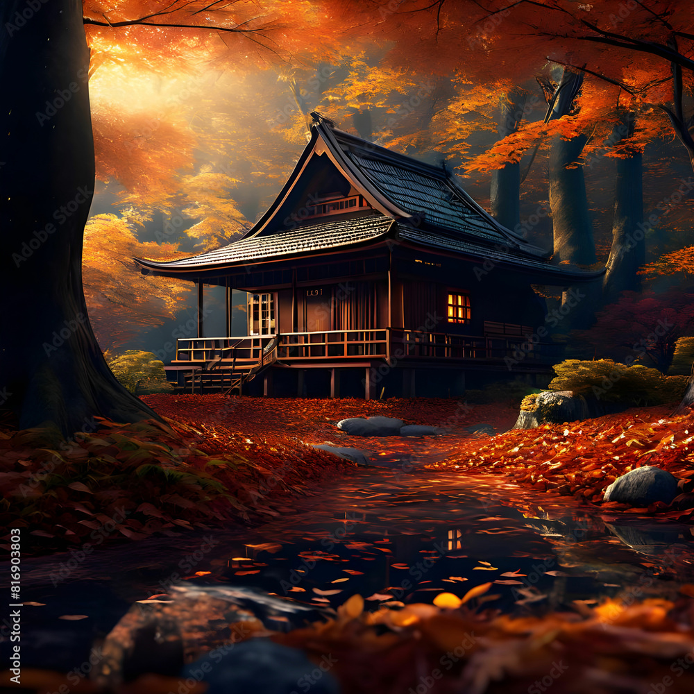 Obraz premium Transform your device's background into a work of art with an autumn wallpaper, featuring a cozy cabin nestled among a sea of golden leaves and towering trees