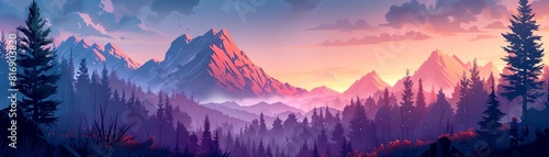 The image is a beautiful landscape of a mountain range at sunset photo