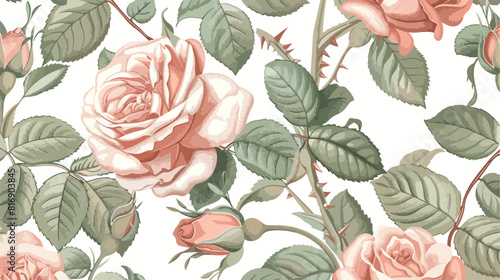 Gorgeous seamless pattern with blooming pink rose on