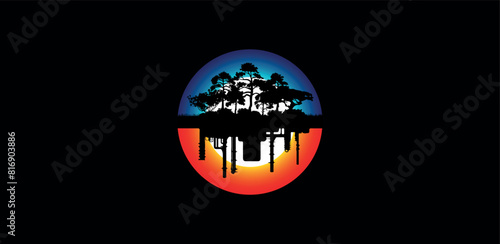 vector landscape with silhouettes of a forest that has turned into an industrial area, forest, factory, air pollution, sunset, sunrise