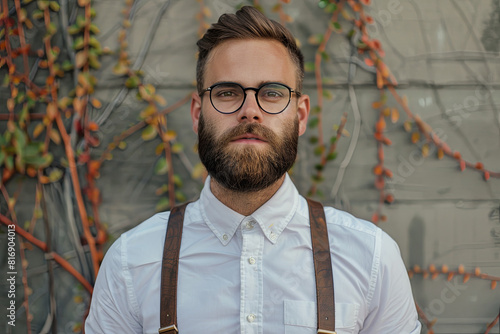 Dapper hipster gentleman in a classic shirt and suspenders, exuding vintage style and confidence