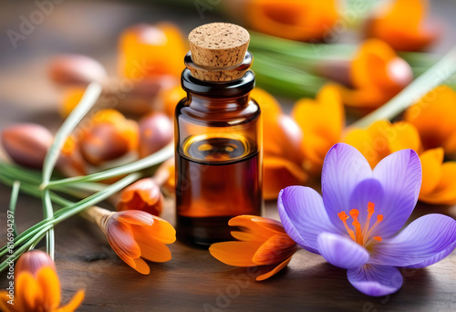 A glass bottle of saffron essential oil with dried saffron on a wooden background