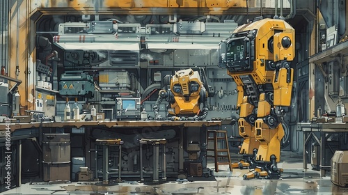 The image shows a scene inside a factory where a large robot is being assembled.