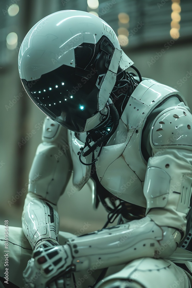 The robot sits on the edge of the building, looking out over the city The robot sits on the edge of the building, looking out over the city