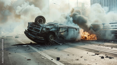 A scene of a recent car accident showing an overturned vehicle on a road, engulfed in flames and heavy smoke. The area is strewn with debris and the atmosphere is chaotic. photo
